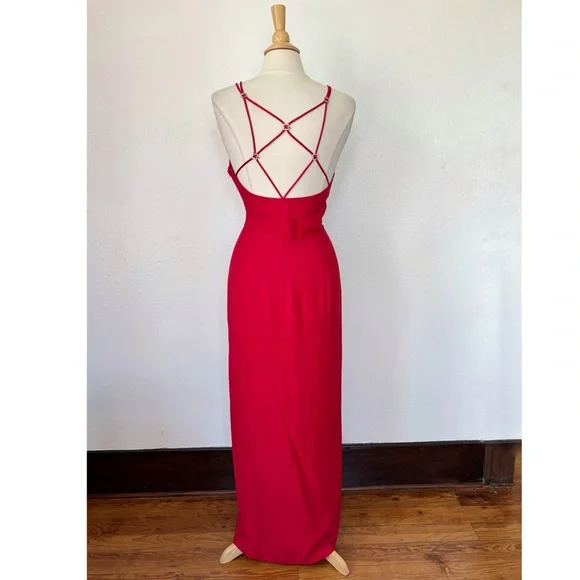 Vintage Solid  Red Sleeveless Full Length Strappy Rhinestone Formal Dress - Picture 11 of 11
